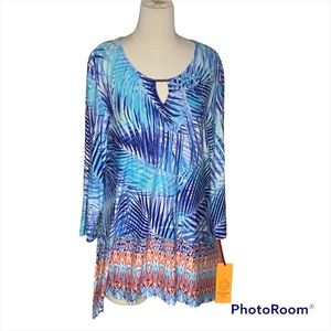Ruby Rd. Blue Orange Tunic Blouse Top 3/4 Sleeve - Size PL NWT